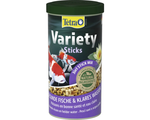Tetra Pond Variety Sticks Fischfutter in einer Dose, 3 in 1 Mischung mit natürlichen Inhaltsstoffen für gesunde Fische und klares Teichwasser.
