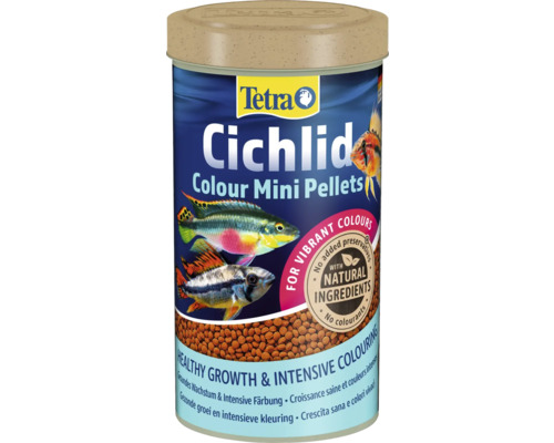 Fischfutter Tetra Cichlid Colour Mini Pellets für Buntbarsche mit natürlichen Inhaltsstoffen für gesundes Wachstum und intensive Färbung.