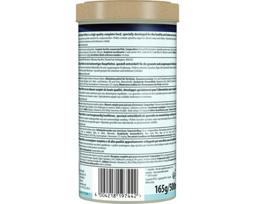 Rückseite einer Packung Tetra Cichlid Algae Pellets mit Inhaltsstoffen, Fütterungshinweisen und Barcode.