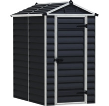 Abri de jardin en plastique avec toit à deux pans et une porte, structure à lamelles horizontales, anthracite avec cadre clair.