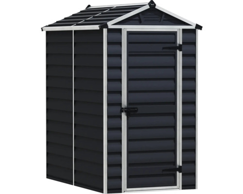 Abri de jardin en plastique avec toit à deux pans et une porte, structure à lamelles horizontales, anthracite avec cadre clair.