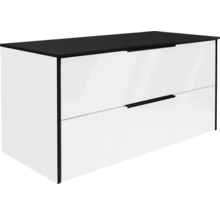 Waschbeckenunterschrank mit zwei Schubladen, weißer Front, schwarzer Arbeitsplatte und schwarzen Griffen.