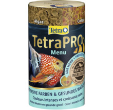 Nourriture pour poissons TetraPRO Menu en boîte illustrée avec divers poissons d'aquarium.