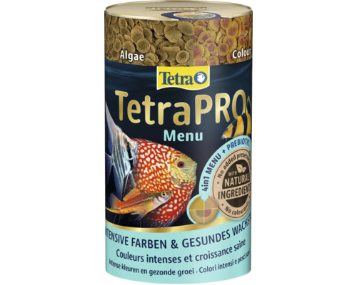 TetraPro Menü 250 ml Fischfutter TetraPRO Menu in einer Dose mit verschiedenen Zierfischen abgebildet.
