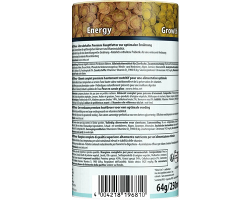 Étiquette de nourriture pour poissons Tetra PRO Menu avec informations produit, ingrédients et code-barres, 250 millilitres.