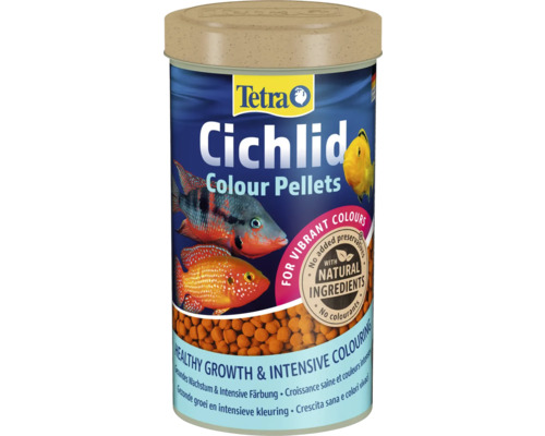 Tetra Logo auf Dose Cichlid Colour Pellets, Fischfutter für Buntbarsche, für intensive Farben und gesundes Wachstum, natürliche Inhaltsstoffe.