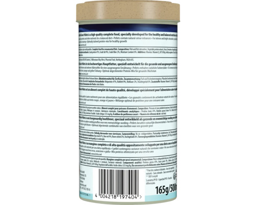 Detailansicht der Rückseite einer Dose Tetra Cichlid Colour Pellets mit Produktinformationen, Inhaltsstoffen und Barcode.