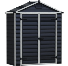 Abri de jardin en plastique avec toit à deux pans et double porte en anthracite.