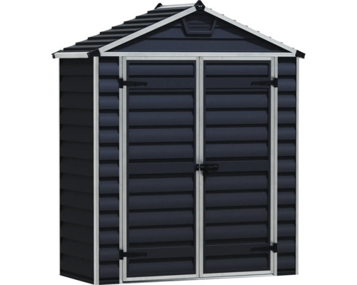 Abri de jardin en plastique avec toit à deux pans et double porte en anthracite.