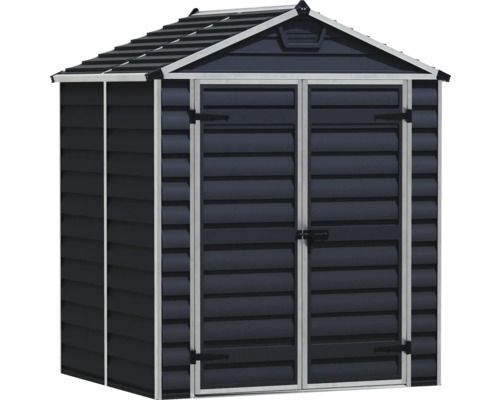 Abri de jardin en plastique avec toit à deux versants et double porte en gris foncé
