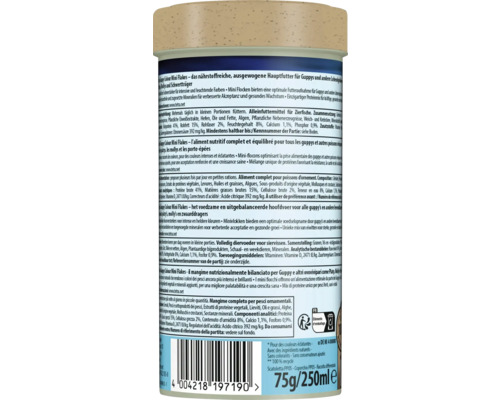 Verso de l'emballage Tetra Guppy Colour Mini Flakes avec ingrédients, conseils d'alimentation et code-barres.