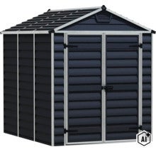 Gerätehaus aus Kunststoff mit Satteldach und Doppeltür für die Aufbewahrung im Garten. (Image AI modified or generated)