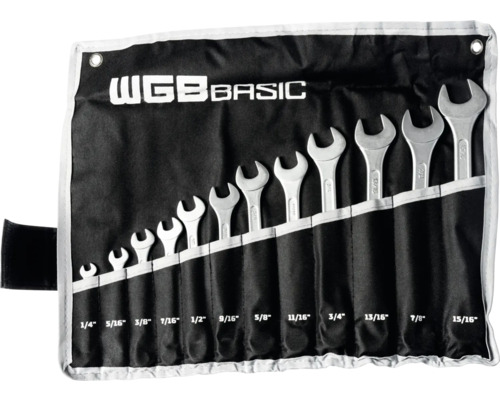 Jeu de clés plates WGB Basic en trousse enroulable noire, 12 pièces, tailles 1/4 à 15/16 pouce, acier chrome-vanadium.