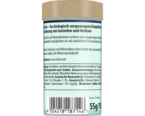 Rückseite der Verpackung von Tetra CrustaSticks Hauptfutter für Garnelen und Krebse mit Produktinformationen, Inhaltsstoffen und Barcode.