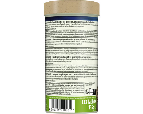 Vue arrière d'une boîte de Tetra Pleco Tablets XL, aliment pour poissons de fond herbivores, 133 comprimés, 135 grammes.