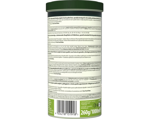 Rückseite der Verpackung von Tetra Pond Pellets Mini Fischfutter mit Zusammensetzung, Fütterungsempfehlung und Tetra Logo.