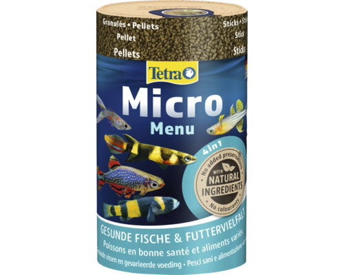 Dose Tetra Micro Menu Fischfutter mit Tetra Logo. 4 in 1 Mischung aus Pellets, Granulat und Sticks mit natürlichen Inhaltsstoffen.
