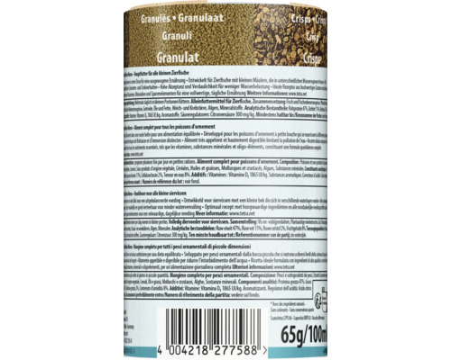 Detail der Produktverpackung von Tetra Mikro Menu Fischfutter mit Inhaltsstoffen und Abbildungen von Granulat und Crisps.