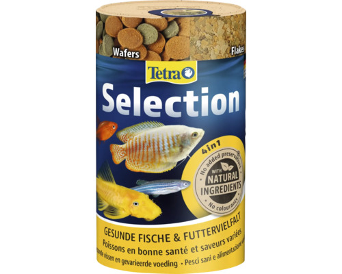 Fischfutter Tetra Selection, 4 in 1 Mischung aus Wafern und Flocken, Tetra Logo, natürliche Inhaltsstoffe, ohne Konservierungsstoffe.