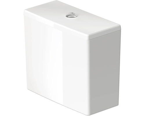 Réservoir de toilette Duravit en céramique blanche avec bouton de rinçage chromé sur le dessus.