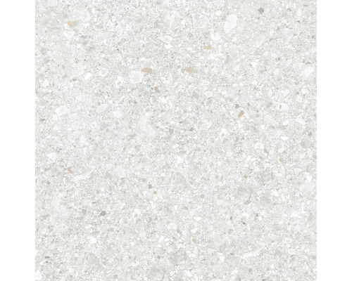 Bodenfliese in heller Terrazzo-Optik mit feiner Körnung und Steinfragmenten.