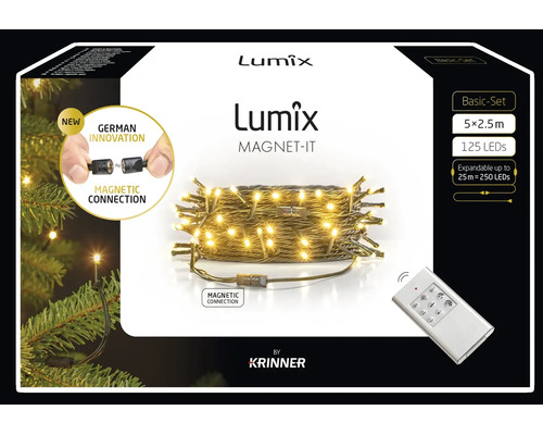 Lumix Magnet-it Basis-Set LED-Lichterkette von Krinner mit 125 LEDs, magnetischer Verbindung, 5 Segmenten zu 2,5 Meter und Fernbedienung.
