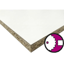 Panneau de particules mélaminé avec surface blanche et bord de coupe visible, adapté pour la découpe du bois.