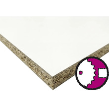 Panneau de particules mélaminé blanc avec cœur en bois visible et symbole pour le service de découpe de bois.