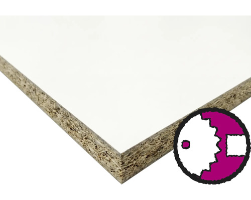 Panneau de particules mélaminé blanc avec cœur en bois visible et symbole pour le service de découpe de bois.