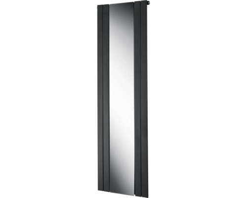 Radiateur design vertical avec miroir en pied intégré et éléments chauffants plats noirs.
