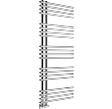 Radiateur sèche-serviettes asymétrique, aspect chrome, ouvert sur le côté, avec tubes ronds horizontaux pour la salle de bains.