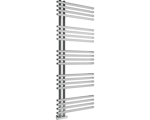 Radiateur sèche-serviettes asymétrique, aspect chrome, ouvert sur le côté, avec tubes ronds horizontaux pour la salle de bains.