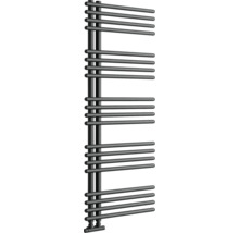 Sèche-serviettes asymétrique avec tubes ronds horizontaux sur deux tubes verticaux, design moderne pour la salle de bains.