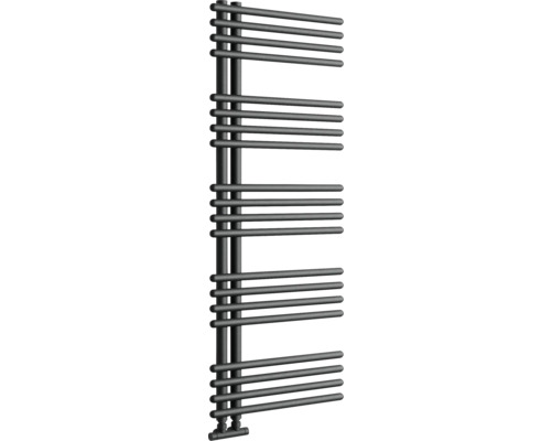 Sèche-serviettes asymétrique avec tubes ronds horizontaux sur deux tubes verticaux, design moderne pour la salle de bains.