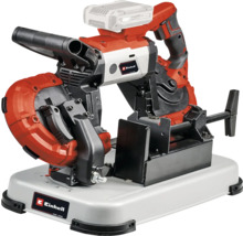 Einhell Akku-Bandsäge mit Untergestell und Schraubstock für präzise Schnitte in Metall und Kunststoff.