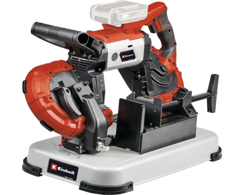 Scie à ruban sans fil Einhell avec support et étau pour des coupes précises dans le métal et le plastique.
