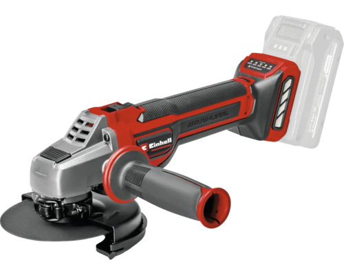 Meuleuse angulaire sans fil Einhell Professional rouge et noire avec moteur sans balais, poignée supplémentaire et capot de protection.
