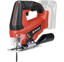 Scie sauteuse sans fil Einhell avec poignée étrier, lame de scie, protection transparente contre les éclats et adaptateur d'aspiration.