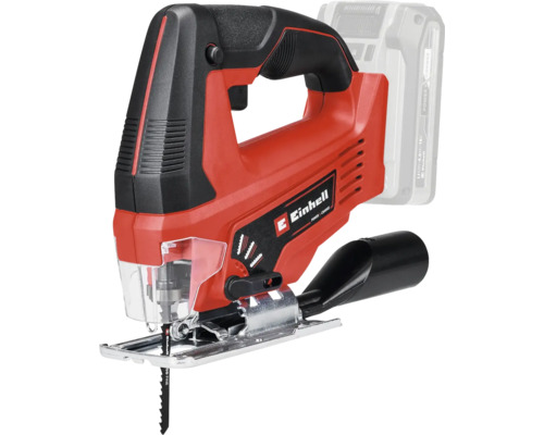 Scie sauteuse sans fil Einhell avec poignée étrier, lame de scie, protection transparente contre les éclats et adaptateur d'aspiration.