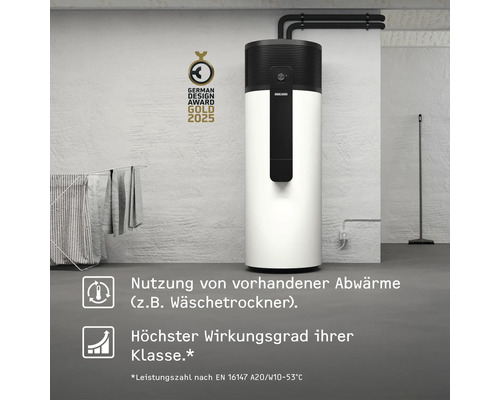 Pompe à chaleur Stiebel Eltron dans une buanderie lumineuse, utilise la chaleur résiduelle efficacement. German Design Award Gold 2025.