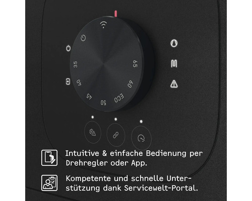 Panneau de commande avec bouton rotatif pour régler la température de 35 à 65 degrés Celsius, commande par application et symboles pour le wifi.