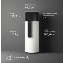 Stiebel Eltron Logo sur chauffe-eau pompe à chaleur. Hauteur 190,3 centimètres, diamètre 65,0 centimètres, poids 110 kilogrammes. Prêt à brancher.