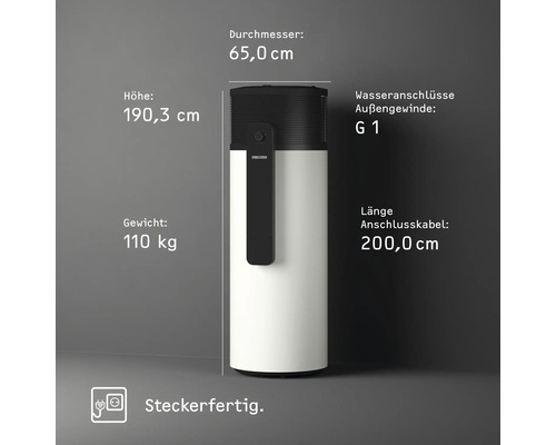 Stiebel Eltron Logo sur chauffe-eau pompe à chaleur. Hauteur 190,3 centimètres, diamètre 65,0 centimètres, poids 110 kilogrammes. Prêt à brancher.