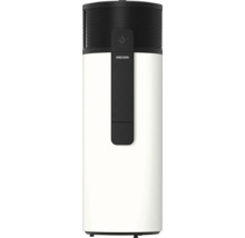 Pompe à chaleur pour eau chaude Stiebel Eltron avec boîtier blanc, partie supérieure noire et bouton rotatif pour la température.