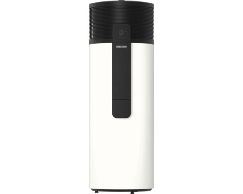 Pompe à chaleur pour eau chaude Stiebel Eltron avec boîtier blanc, partie supérieure noire et bouton rotatif pour la température.