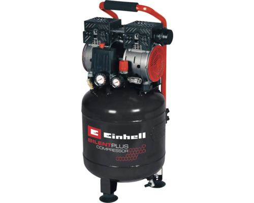 Compresseur à chariot Einhell 750 W 8 bar 230 V 24 l Compresseur Einhell Silent Plus avec réservoir noir vertical, deux manomètres et poignée de transport rouge.