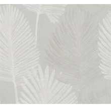 Papier peint avec un motif de grandes feuilles de palmier et une structure fine aspect lin.
