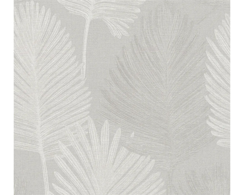Papier peint avec un motif de grandes feuilles de palmier et une structure fine aspect lin.