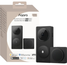 Aqara Doorbell Camera Hub G4, schwarze Video-Türklingel mit Funkgong und Verpackung mit Smart-Home-Kompatibilitätshinweisen.