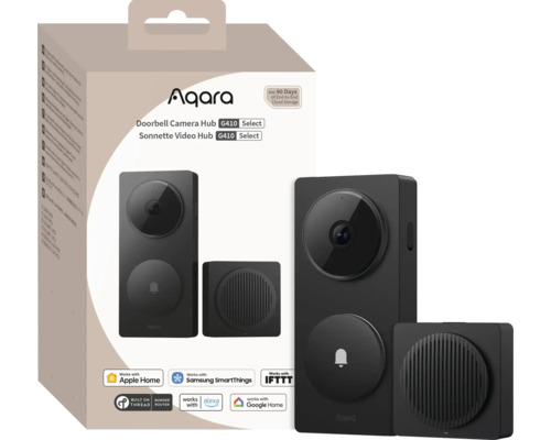 Aqara Doorbell Camera Hub G4, schwarze Video-Türklingel mit Funkgong und Verpackung mit Smart-Home-Kompatibilitätshinweisen.